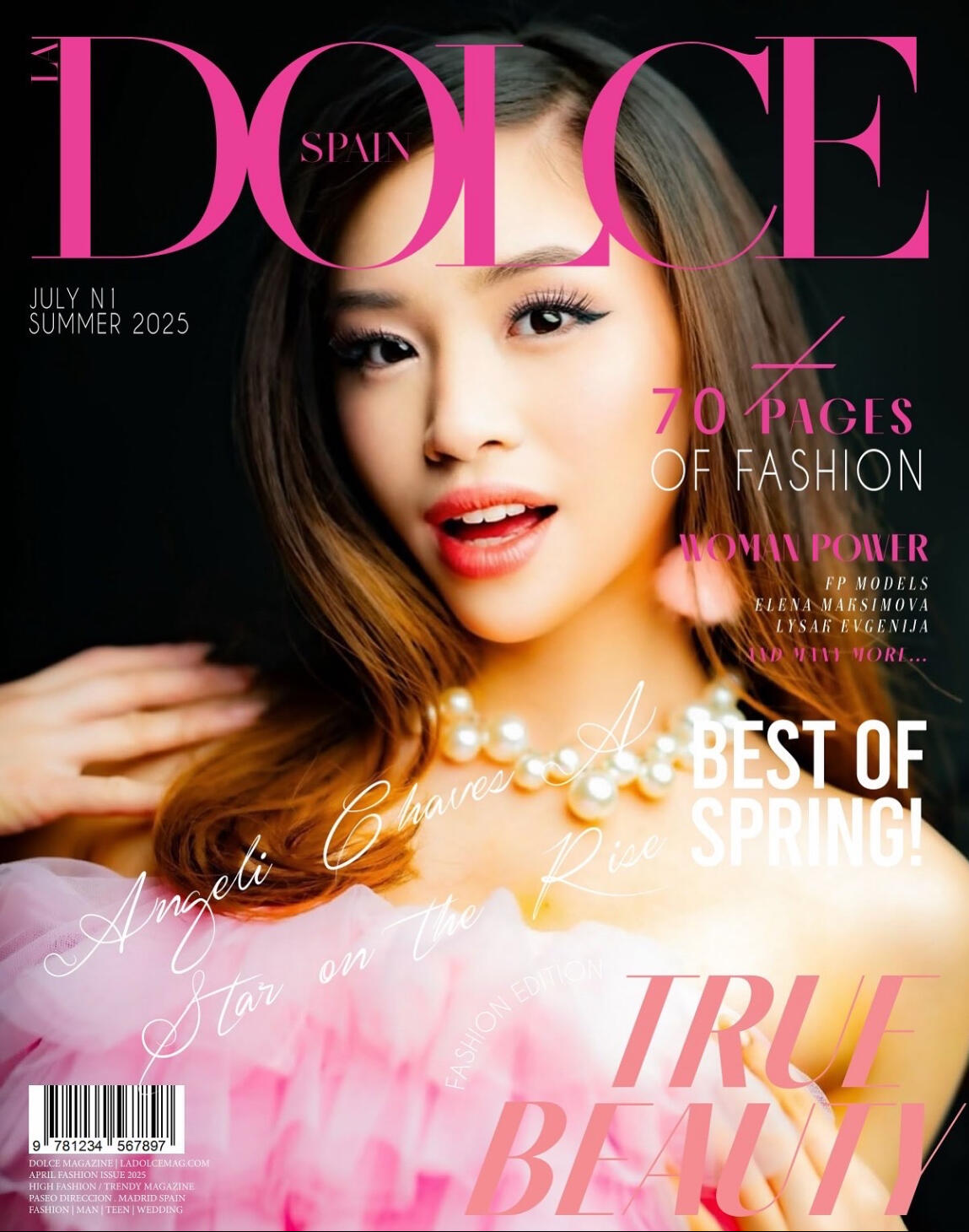 Dolce Spain Magazine Front Cover Summer June 2025 Edition Angeli Chaves in pink tule top and pearl necklace and pom pom earrings with hands on shoulders.